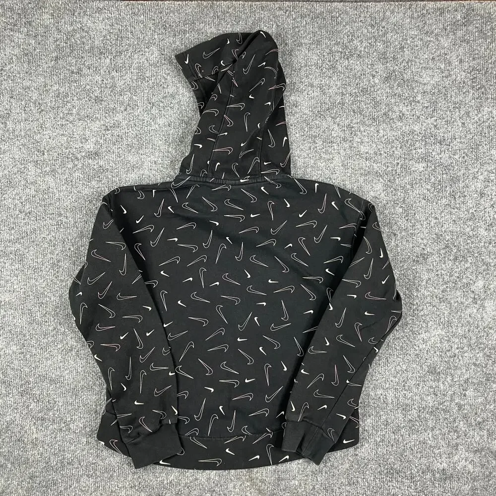 Nike Hoodie Girls Large Black‎ Pullover Swoosh Print Athletic Sweatshirt
